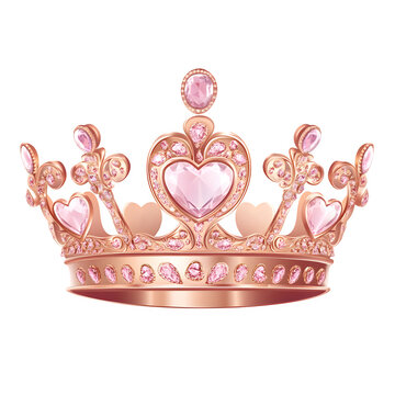illustration of a rose gold crown with pink gemstone hearts, pastel royal theme, isolated cleanly on pure white background, no shadows.