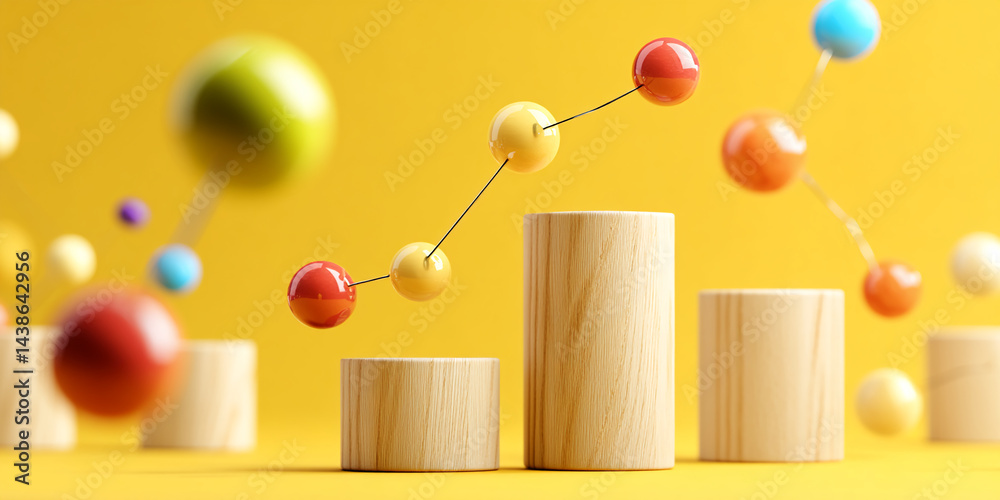 Poster abstract image of colorful spheres connected by thin lines, ascending over wooden cylinders against 