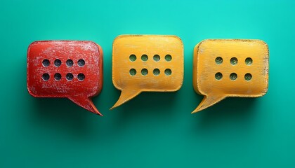 Three textured speech bubbles, red, yellow, and yellow, on teal