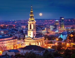 Fototapeta premium panoramic view to city center of belgrade serbia illuminated at night