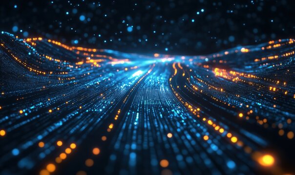 Abstract digital landscape with glowing blue and orange particles flowing in waves