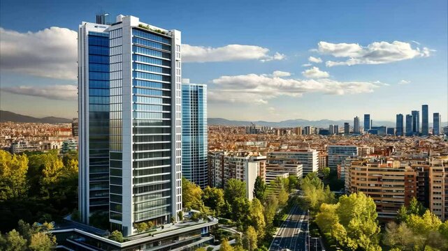 Aerial view of Paseo de la Castellana in the city center of Madrid showcasing modern architecture and green spaces, City center Madrid aerial view Paseo de la Castellana business neighbourhood in