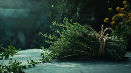 Bundles of thyme resting on a rustic surface surrounded by nature