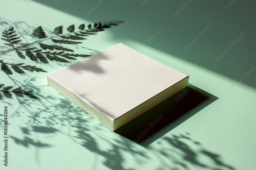 Poster white textured square on pale green background, fern shadow overlay, creating minimalist, serene sce