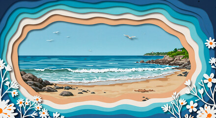 Fototapeta premium 3D paper cut beach scene with summer flowers and bright waves, decorative art, copy space
