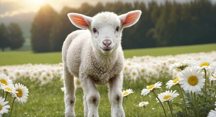 Fototapeta premium White sheep on green grass floral meadow