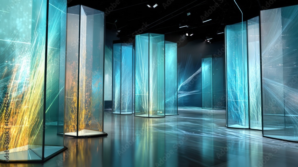Poster floating transparent panels create an immersive 3d digital exhibition space showcasing vibrant visua
