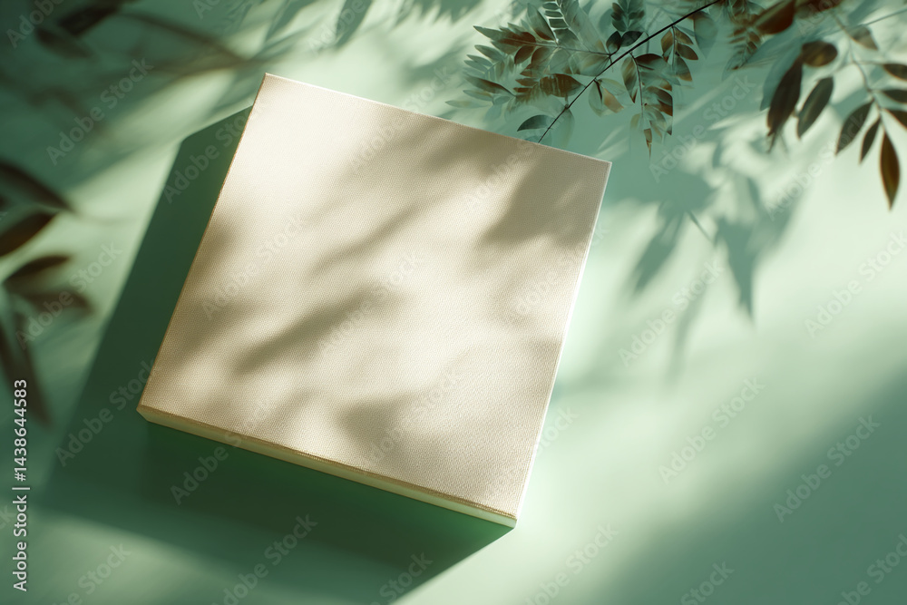 Poster beige textured square canvas on mint background, leaf shadows overlaying, showcasing blank space for