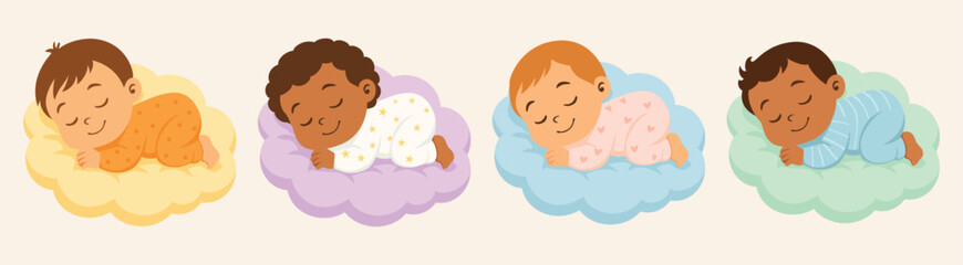 Sleeping Babies on Colorful Clouds, Adorable Cartoon Infants in Pajamas