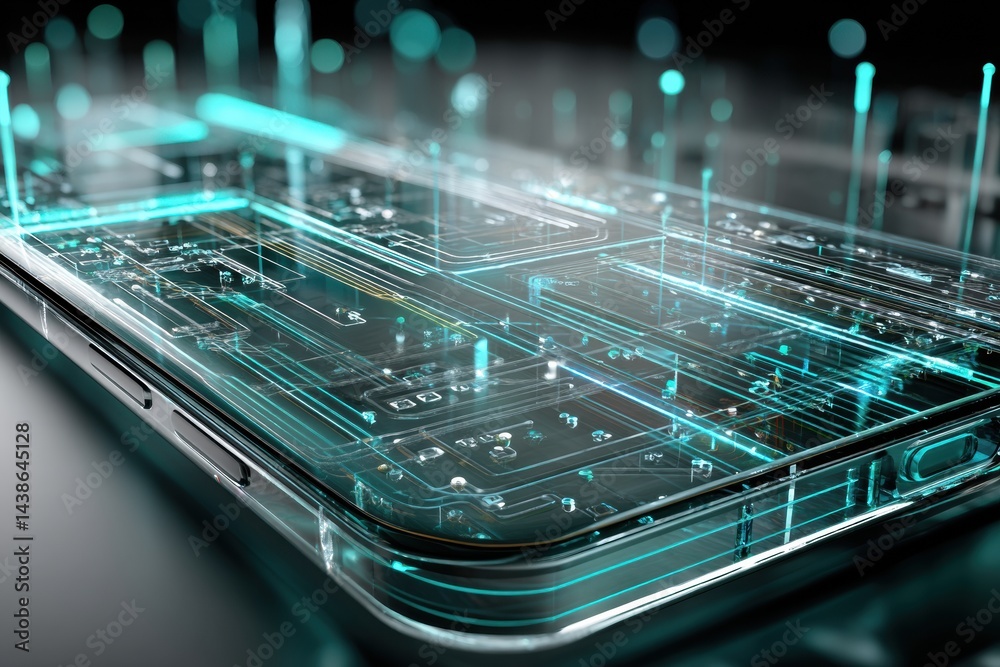 Poster transparent smartphone concept showcases glowing circuitry in an innovative technological design