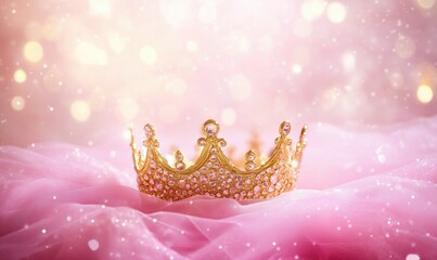 Elegant golden crown adorned with jewels resting on soft pink fabric