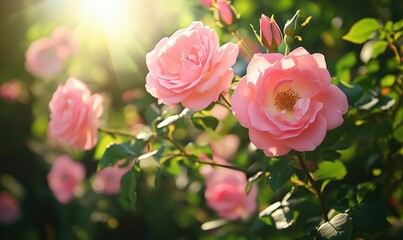 Obraz premium Beautiful pink roses blooming in sunlight with soft bokeh background