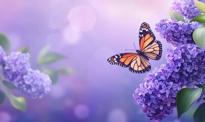 Monarch butterfly perched on lilac flowers in soft pastel background