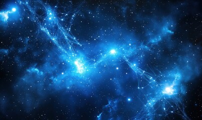 Cosmic blue nebula with glowing stars and interconnected lines in deep space