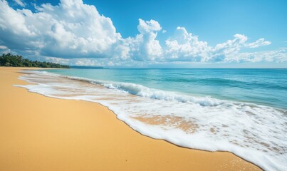 Fototapeta premium Serene beach landscape with golden sand and gentle waves under a blue sky