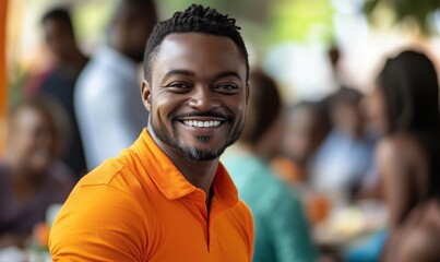 Obraz premium Smiling man in orange polo shirt enjoying social gathering outdoors