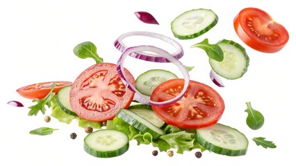 "Fresh salad ingredients including juicy tomato slices, crunchy cucumber rounds, and crisp purple onion rings floating against a white background."