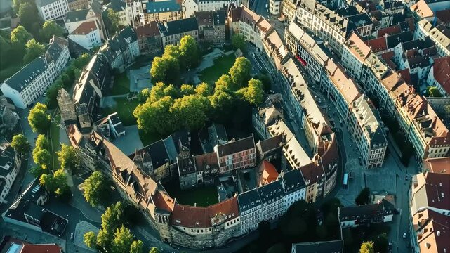 Aerial view showcasing the historical charm of Meiningen's old town and its unique architectural layout, Aerial view of the old town of the city Meiningen in Germany, Thuringia on a sunny day in