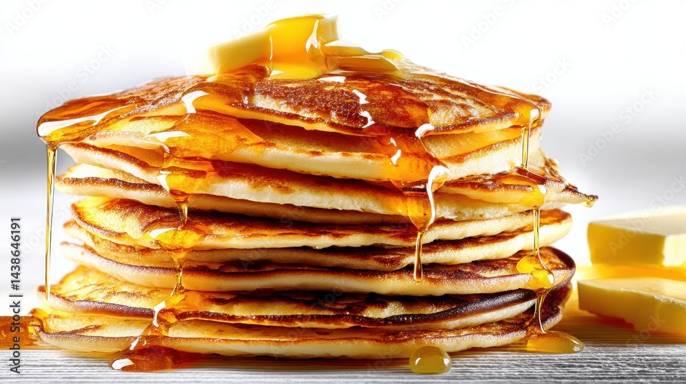 Poster Stack of Fluffy Pancakes Drizzled With Golden Syrup and Topped With a Pat of Butter on a Clean White Background
