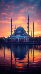 Obraz premium Mosque at Sunset with Water Reflection