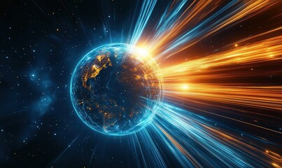 Earth surrounded by vibrant energy streams in cosmic space environment