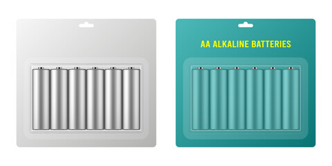 AA alkaline batteries in a package with transparent window and hanging hole. Realistic mockup