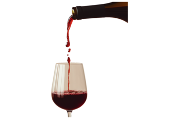 A bottle of red wine pours into an elegant glass isolated on transparent background.