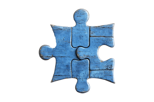 A blue textured puzzle piece with a rough isolated on transparent background.
