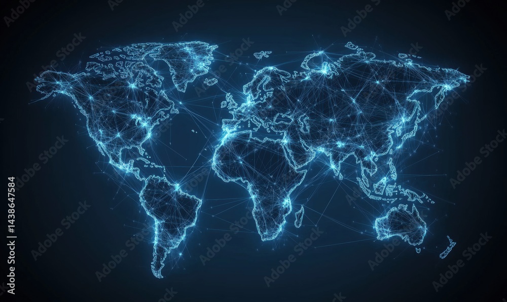 Poster digital world map with glowing connections and network lines representing global communication