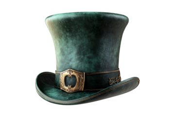 A green top hat with a gold buckle isolated on transparent background.