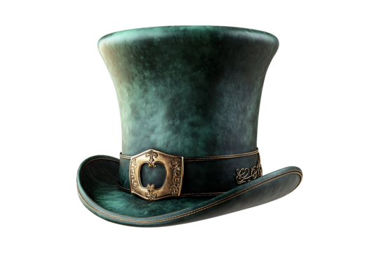 A green top hat with a gold buckle isolated on transparent background.