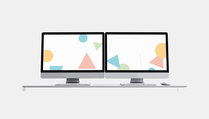 Minimalist computer setup with geometric interface on clean desk, simplicity