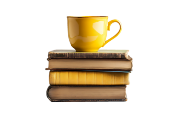 A stack of books with a yellow cup on top isolated on transparent background.