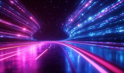 Fototapeta premium Futuristic neon light tunnel with vibrant blue and pink streaks and reflective surface