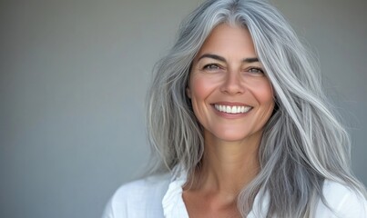 Fototapeta premium Smiling woman with long gray hair and natural beauty against neutral background