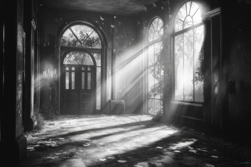Sunbeams illuminate overgrown, decaying interior of abandoned mansion