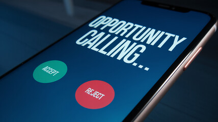 Smartphone screen displays "Opportunity Calling" with accept/reject buttons, symbolizing decision-making and seizing chances in business