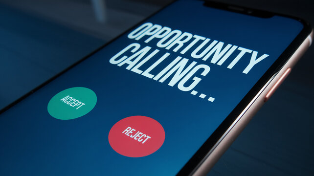 Smartphone screen displays "Opportunity Calling" with accept/reject buttons, symbolizing decision-making and seizing chances in business