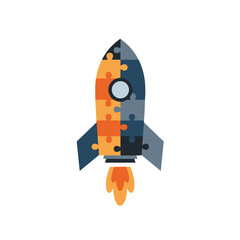 Puzzle Rocket Launching with Flame Against a White Background  