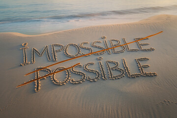 Sand inscription on beach at sunset shows "impossible" crossed out, revealing "possible" beneath, symbolizing overcoming challenges and achieving goals