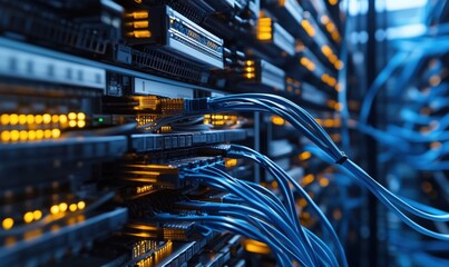 Naklejka premium Data center with illuminated servers and network cables in blue tones