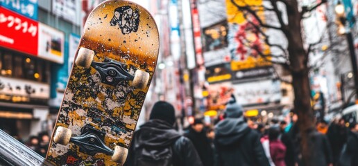 Obraz premium Skateboard in bustling Asian city street, people blurred in background, urban travel