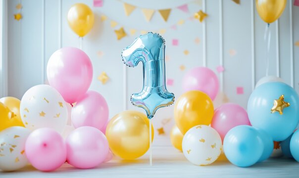 Colorful birthday decorations featuring number one balloon and festive balloons