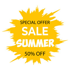 Summer sale announcement featuring special offer with 50 percent discount in bold text and vibrant design