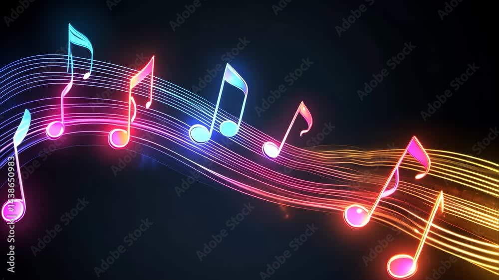 Poster neon light music notes create a vibrant atmosphere in animated visuals, animation or motion graphics