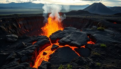 Dramatic volcanic eruption captured at sunset, showcasing vibrant lava flow and smoke in a picturesque mountainous landscape. Intense volcanic activity and natural phenomena illustrated