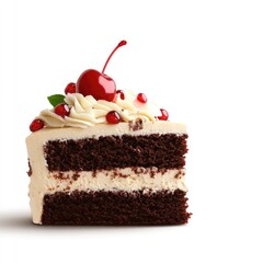 Chocolate cake slice with whipped cream and cherries