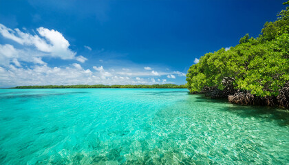 Fototapeta premium a serene tropical landscape featuring clear turquoise waters and lush mangrove trees under a bright blue sky