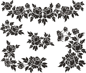 Floral vector ornaments luxury set with various types of roses, leaves and swirls, made in traditional Japanese and Chinese styles. Exquisite wedding decoration designs, vinyl and laser ready.	