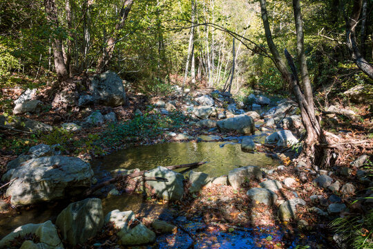 Amazing mountainous scenery near the little waterfall of Varvara, Chalkidiki, Greece